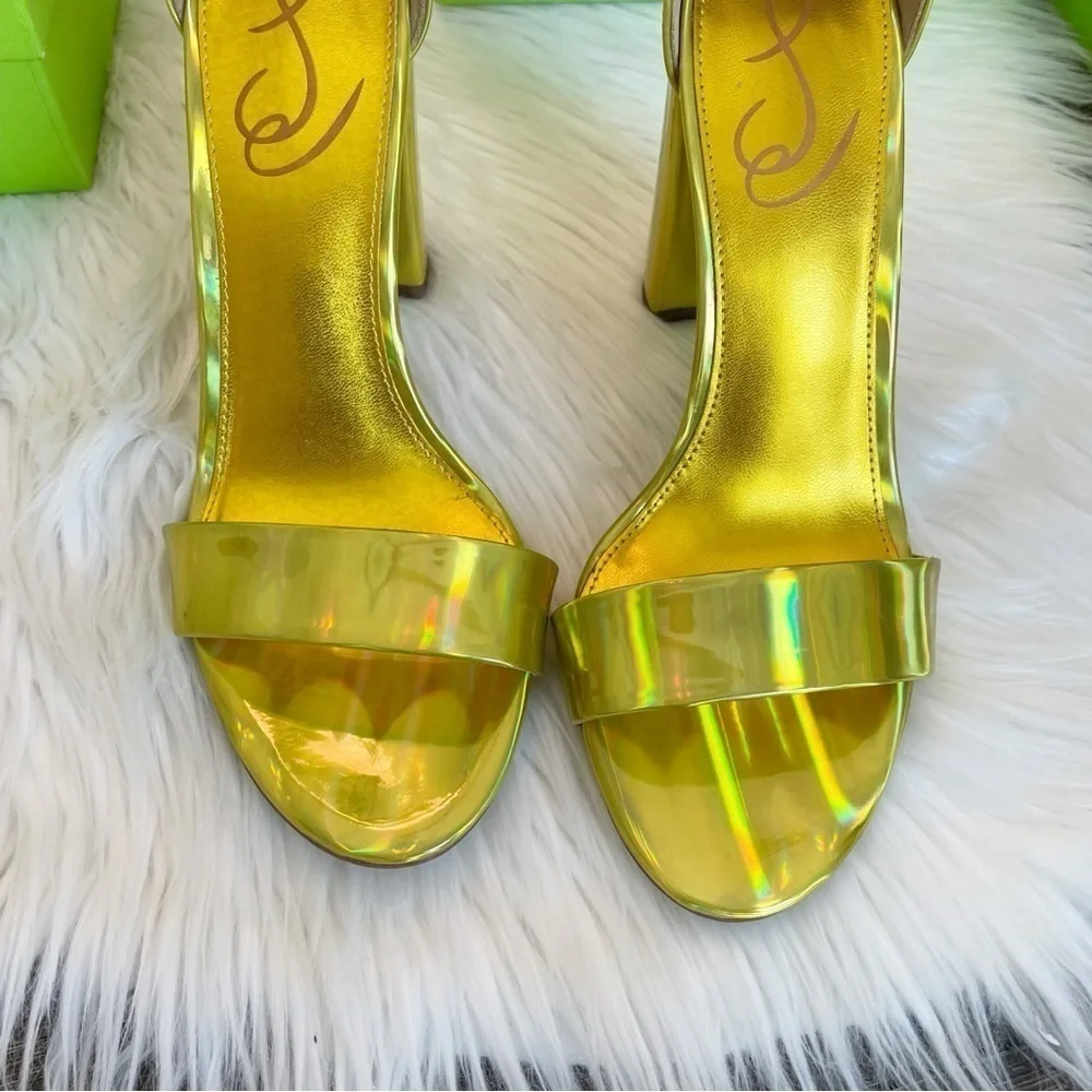 New Sam Edelman Women’s Yaro Ankle Strap Block Heel Sandal in Mimosa Gold Size 8
